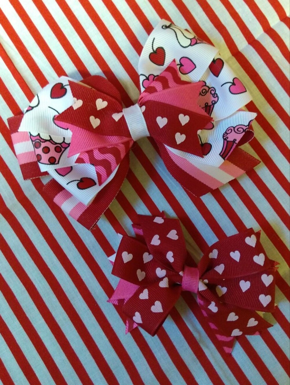 Handmade Boutique Valentine Cupcake Stacked Hair Bows 🎀🩷